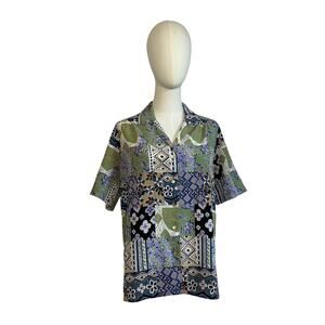VTG 90s DonnKenny L Purple Green Patchwork Print Top Indie Maximalist Retro Boho
